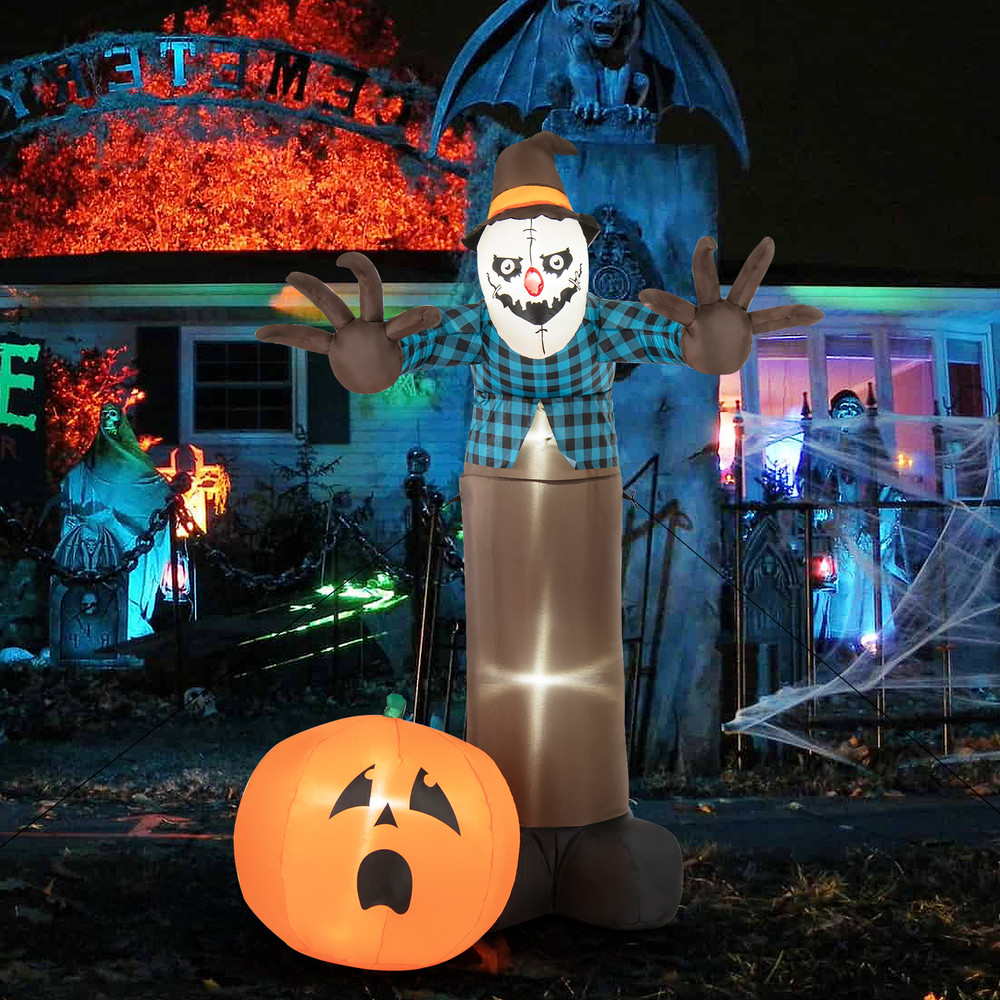 Giant 7FT Light Up Scarecrow Inflatable, Animated Pumpkin Ghost with Spooky LED Eyes for Outdoor Halloween Decor