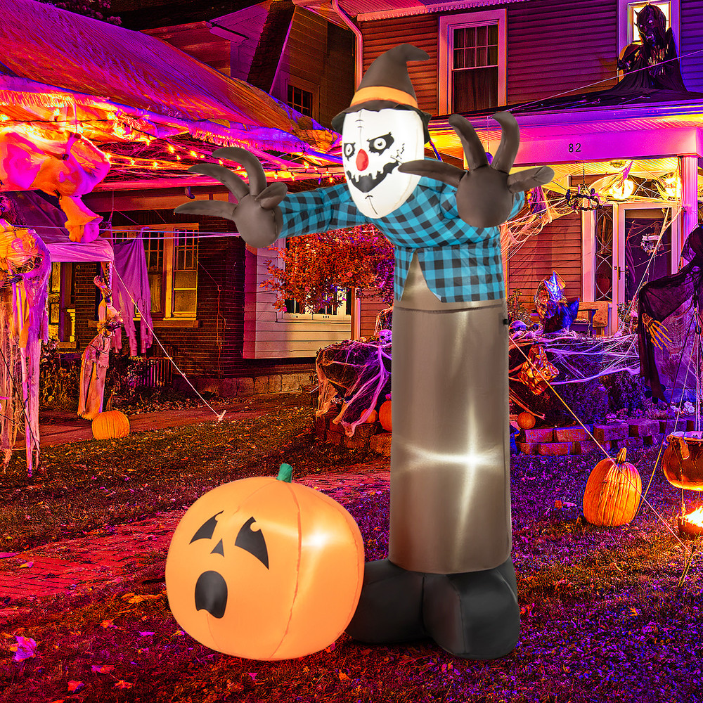 Giant 7FT Light Up Scarecrow Inflatable, Animated Pumpkin Ghost with Spooky LED Eyes for Outdoor Halloween Decor