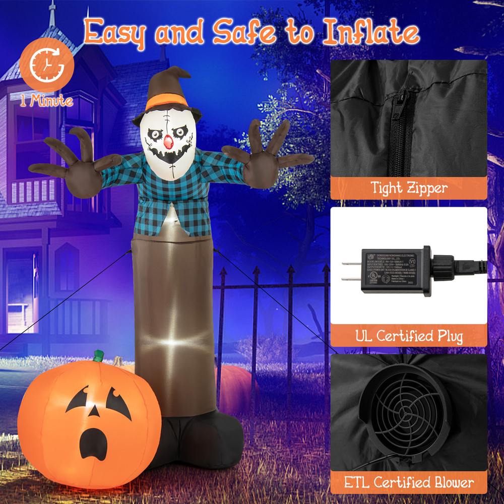 Giant 7FT Light Up Scarecrow Inflatable, Animated Pumpkin Ghost with Spooky LED Eyes for Outdoor Halloween Decor