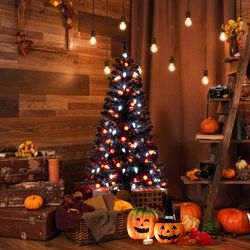 black artificial halloween tree with ghost & pumpkin lights, interactive music & light show