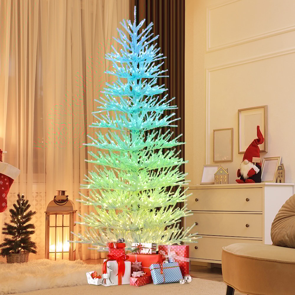 7 FT Artificial Pre-lit Christmas Tree, Hinged Xmas Tree with 820 Coral-like Branch Tips RGB Lights