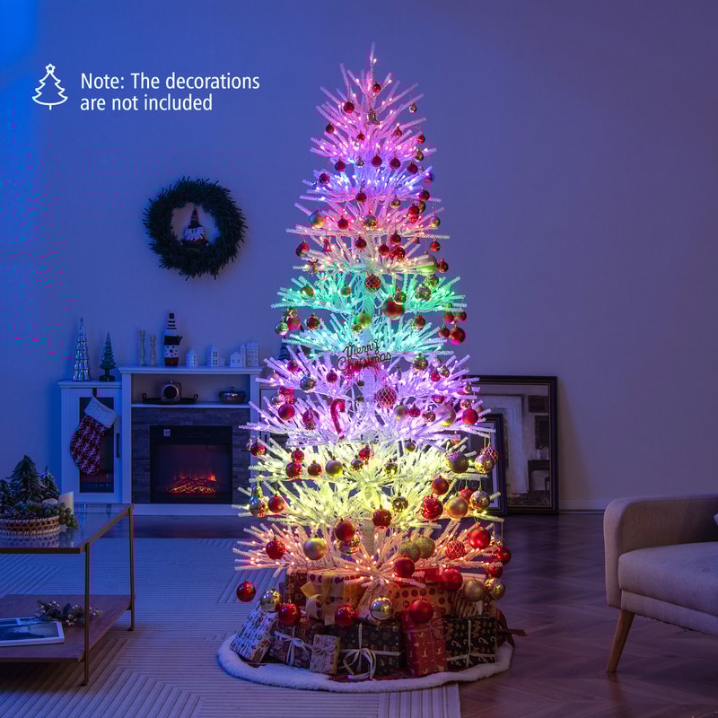 7 FT Artificial Pre-lit Christmas Tree, Hinged Xmas Tree with 820 Coral-like Branch Tips RGB Lights