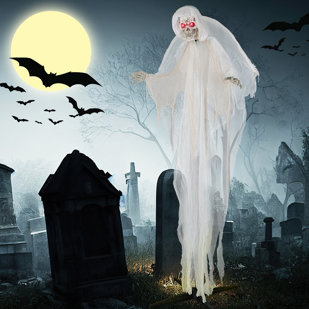 8.3 ft Halloween Standing Haunted Angel with Lighted Eyes & Automatic Wing Movement, Sound Activated Scare Decoration
