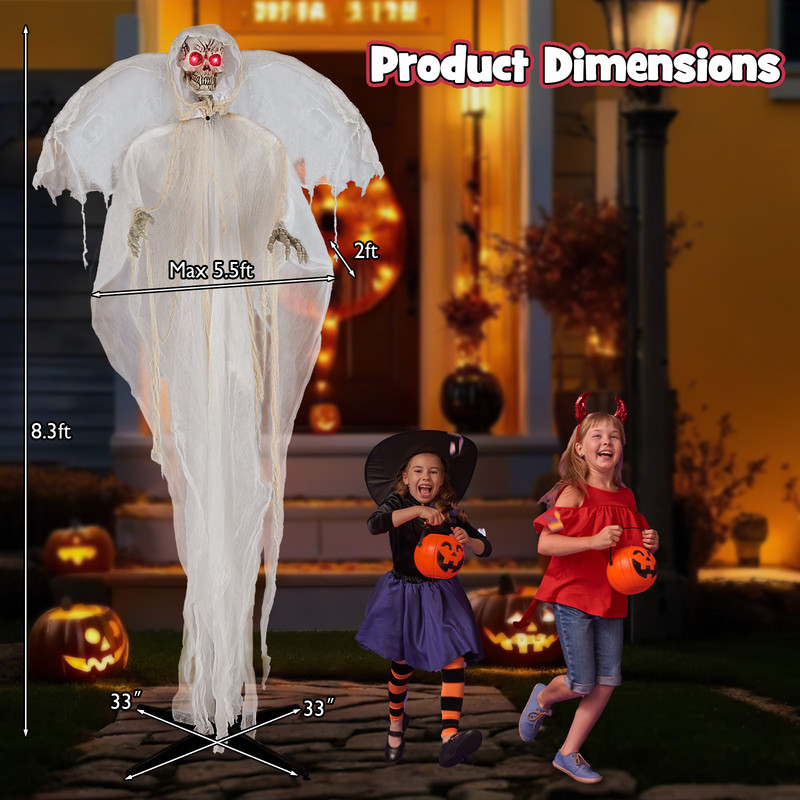 8.3 ft Halloween Standing Haunted Angel with Lighted Eyes & Automatic Wing Movement, Sound Activated Scare Decoration