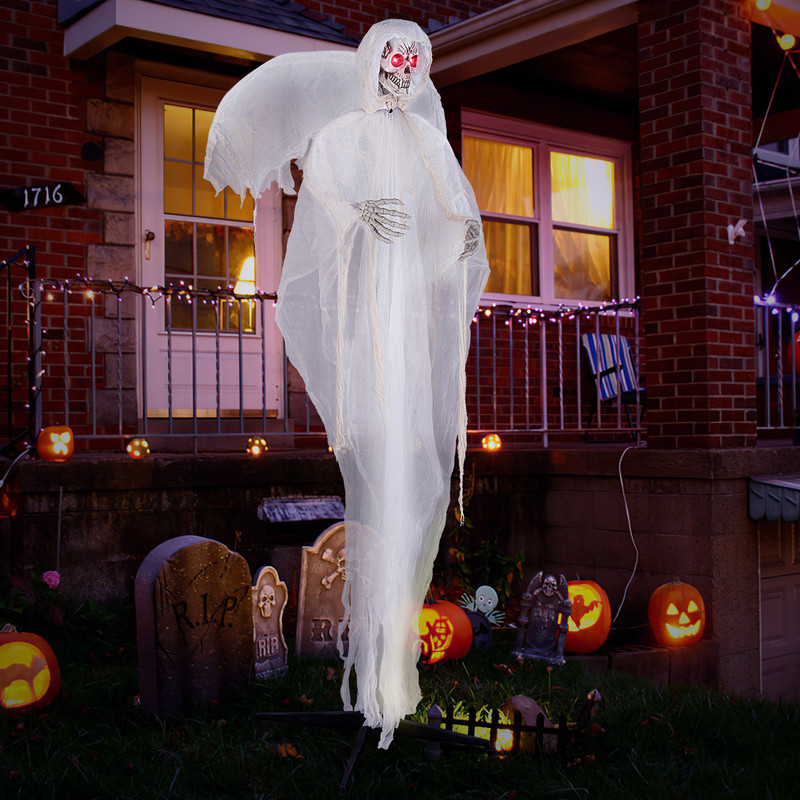 8.3 ft Halloween Standing Haunted Angel with Lighted Eyes & Automatic Wing Movement, Sound Activated Scare Decoration