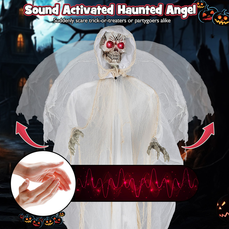 8.3 ft Halloween Standing Haunted Angel with Lighted Eyes & Automatic Wing Movement, Sound Activated Scare Decoration