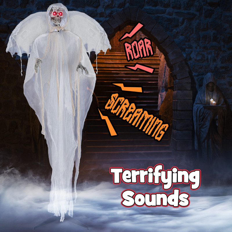 8.3 ft Halloween Standing Haunted Angel with Lighted Eyes & Automatic Wing Movement, Sound Activated Scare Decoration