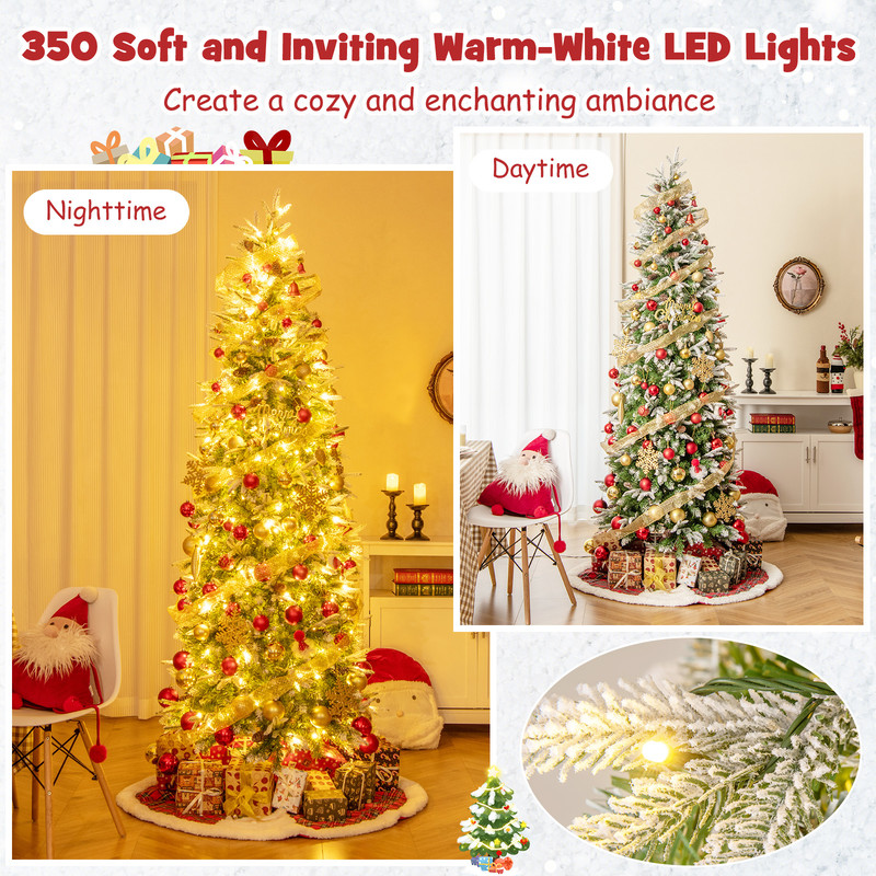 Snow Flocked Pre-Lit Christmas Tree, 6/7.5/9 FT Artificial Hinged Tree with Warm White Lights