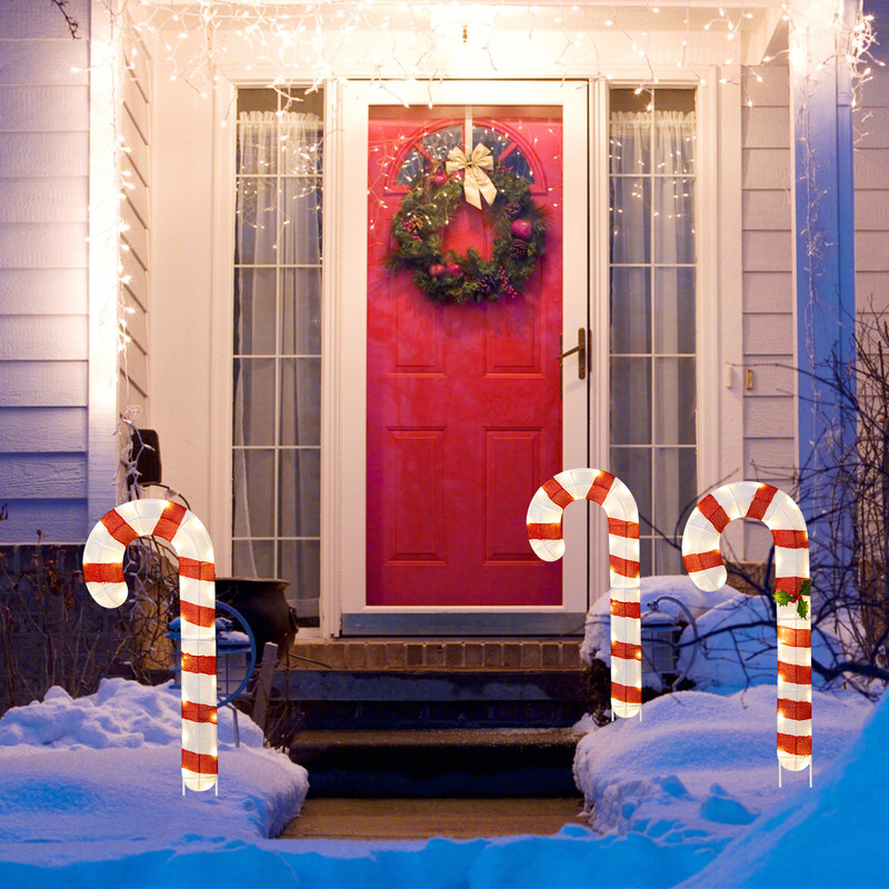 3-Piece Pre-Lit Candy Canes Set – 75 LED Lights with Ground Stakes for Holiday Decor