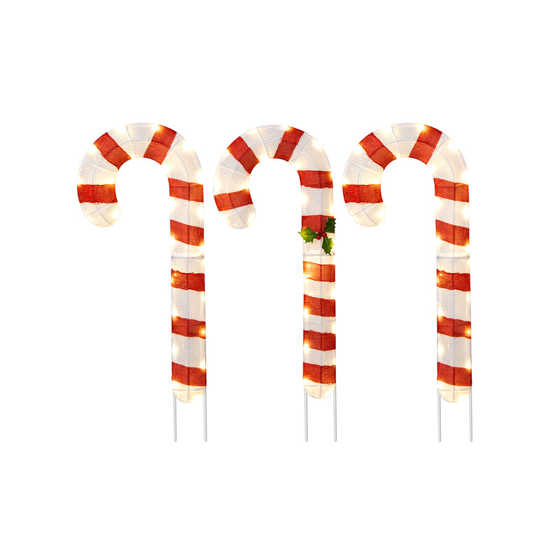 3-Piece Pre-Lit Candy Canes Set – 75 LED Lights with Ground Stakes for Holiday Decor