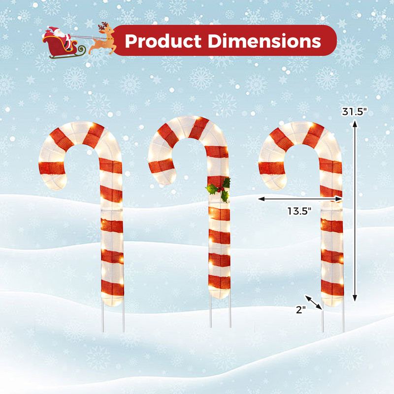 3-Piece Pre-Lit Candy Canes Set – 75 LED Lights with Ground Stakes for Holiday Decor