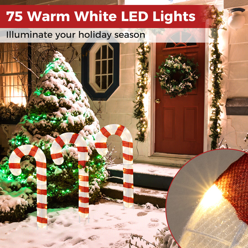 3-Piece Pre-Lit Candy Canes Set – 75 LED Lights with Ground Stakes for Holiday Decor
