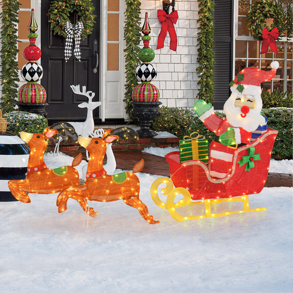 Lighted Christmas Santa on Sleigh with Reindeer and LED Lights Outdoor Yard Decoration