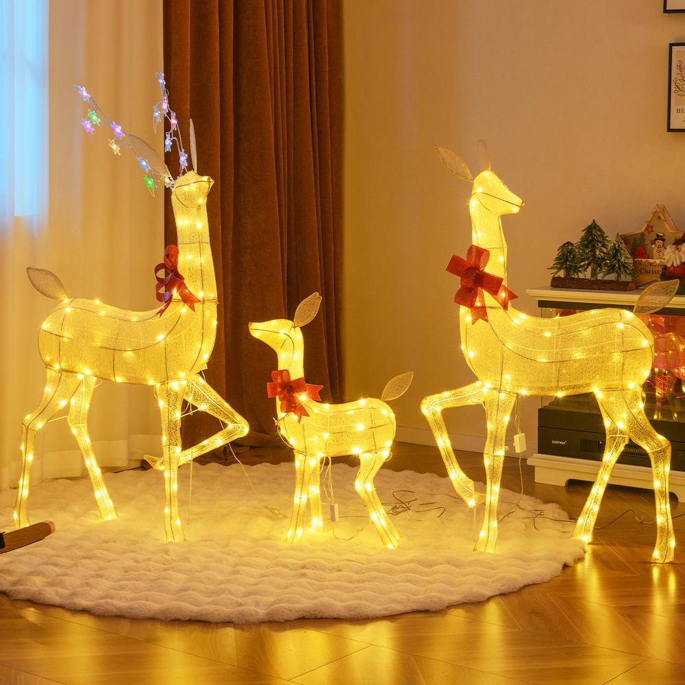 3 Pieces Lighted Family Deer Set with LED Lights & RGB Flashing Lights, Outdoor Christmas Yard Decoration Reindeer