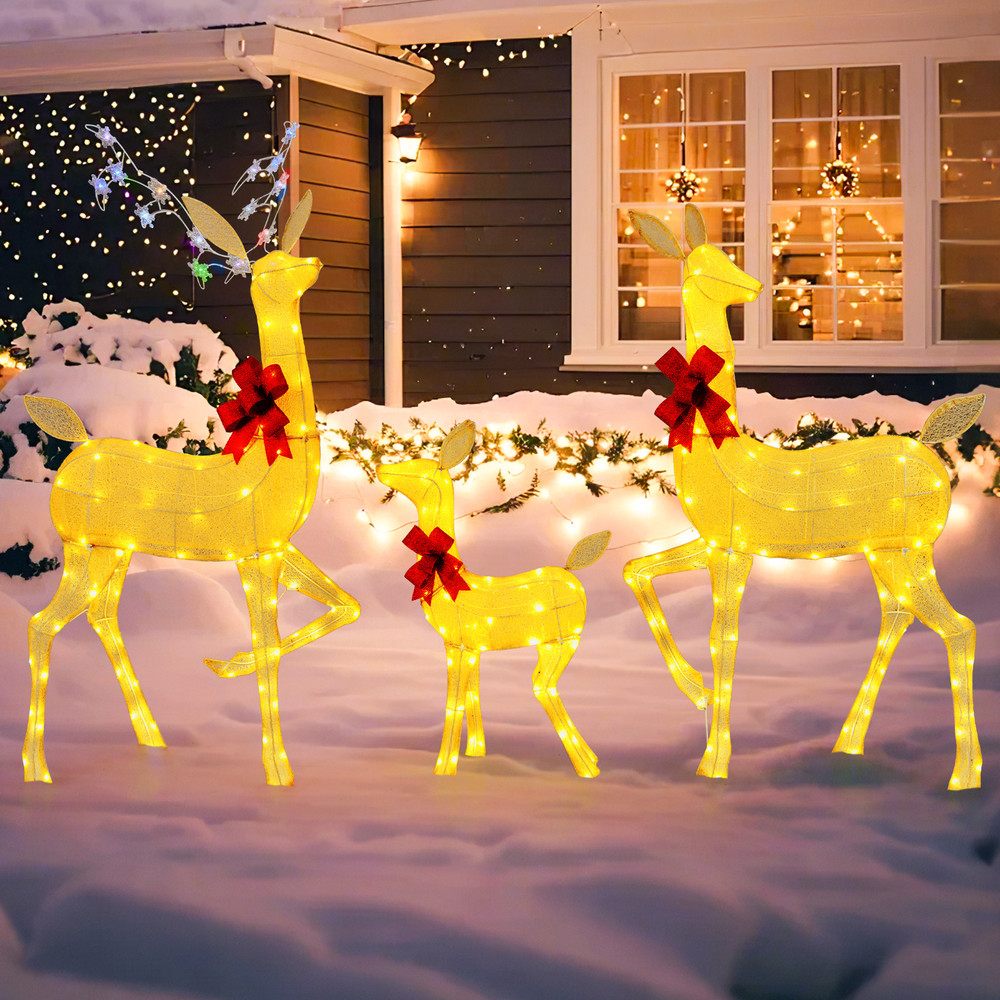 3 Pieces Lighted Family Deer Set with LED Lights & RGB Flashing Lights, Outdoor Christmas Yard Decoration Reindeer
