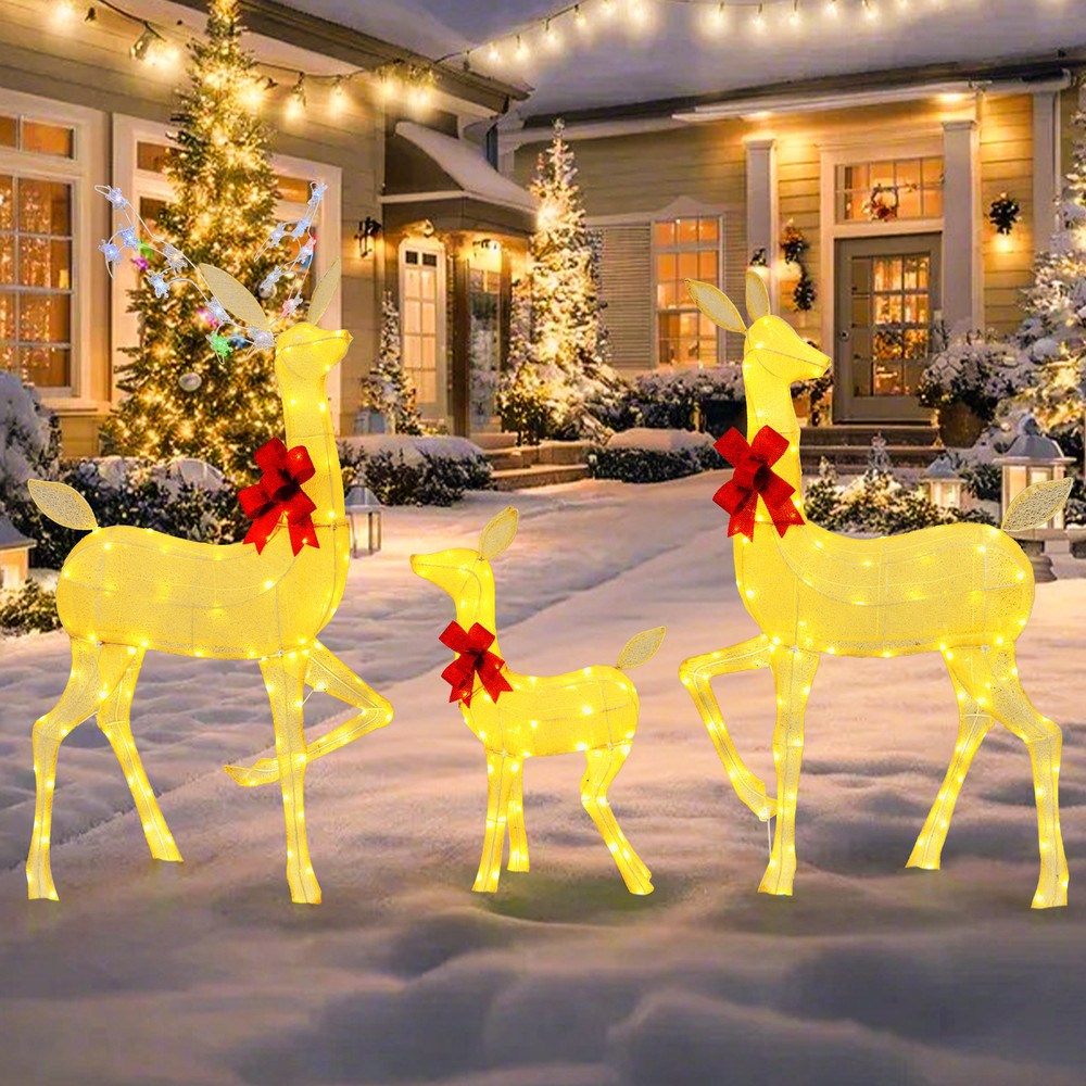 3 Pieces Lighted Family Deer Set with LED Lights & RGB Flashing Lights, Outdoor Christmas Yard Decoration Reindeer