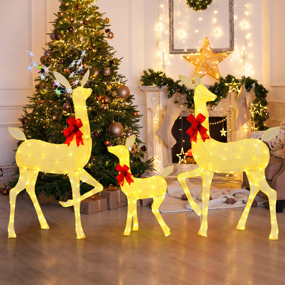 3 Pieces Lighted Family Deer Set with LED Lights & RGB Flashing Lights, Outdoor Christmas Yard Decoration Reindeer