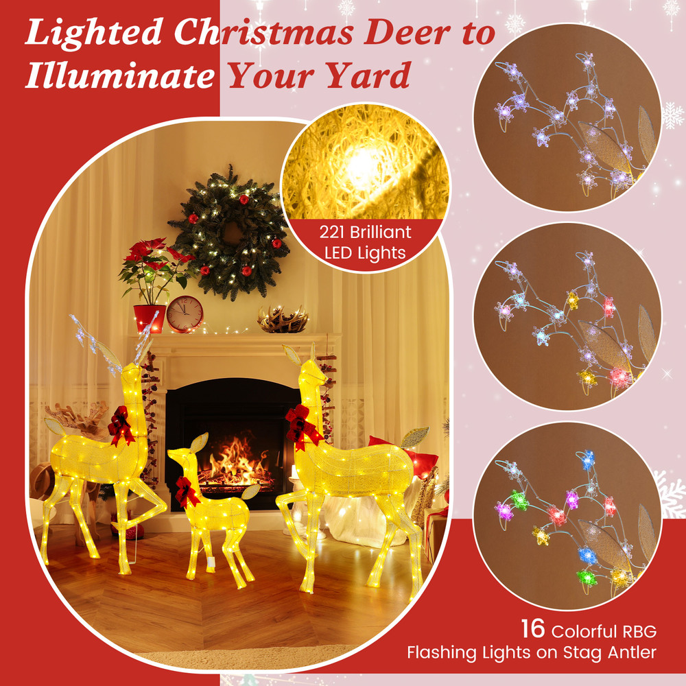 3 Pieces Lighted Family Deer Set with LED Lights & RGB Flashing Lights, Outdoor Christmas Yard Decoration Reindeer