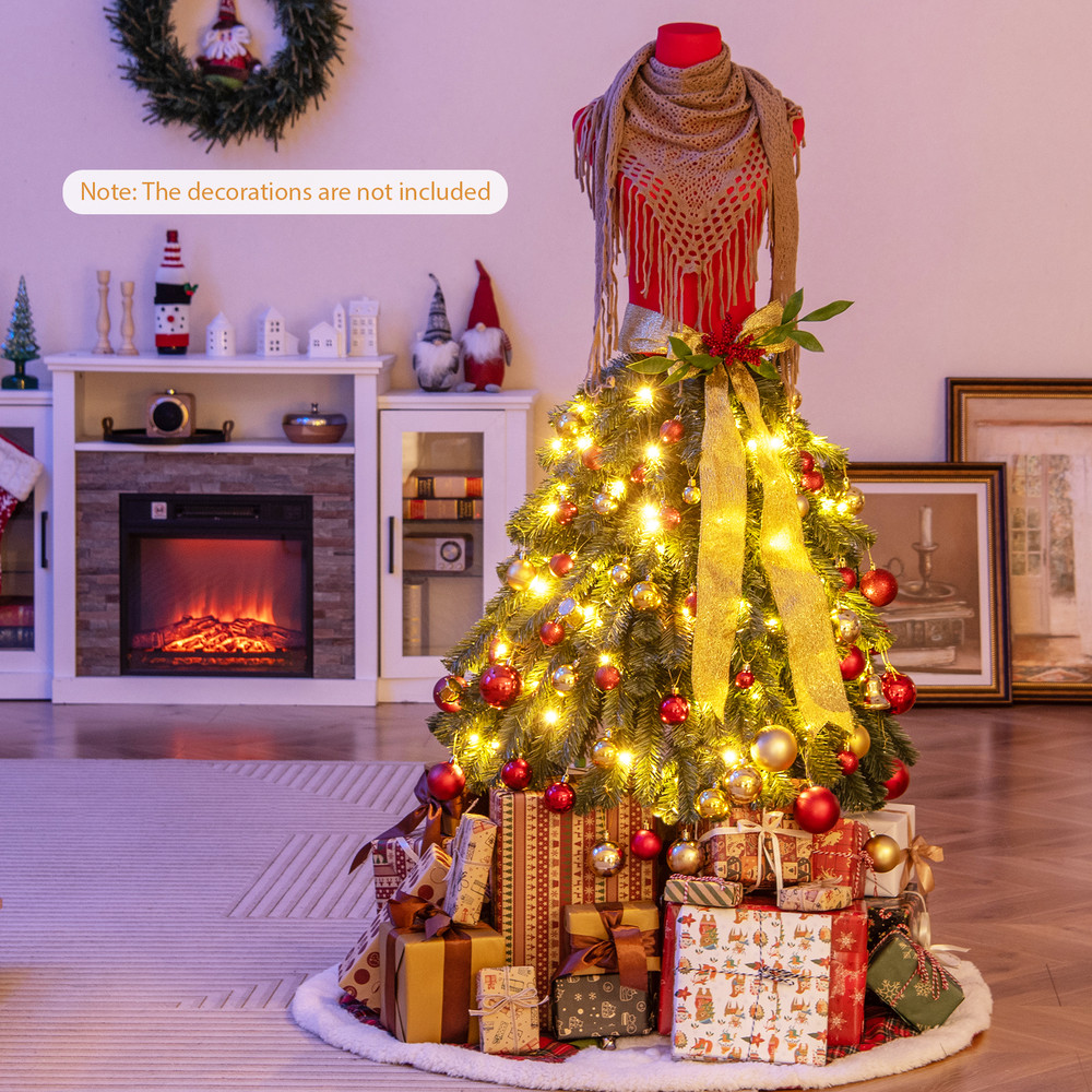 5 FT Pre-lit Mannequin Artificial Christmas Tree Dress Form with Lights, Lifelike PVC Xmas Tree with LED Lights, Ribbon
