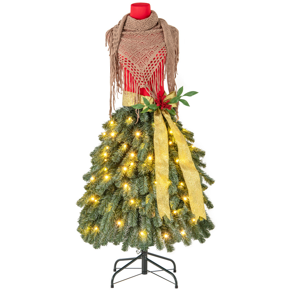 5 FT Pre-lit Mannequin Artificial Christmas Tree Dress Form with Lights, Lifelike PVC Xmas Tree with LED Lights, Ribbon