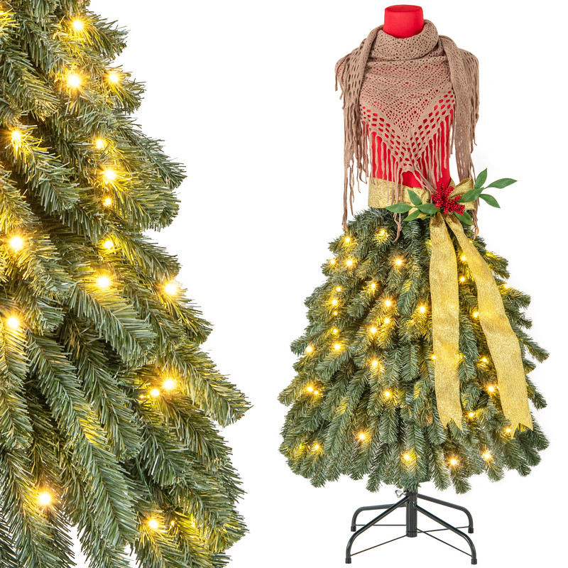 5 FT Pre-lit Mannequin Artificial Christmas Tree Dress Form with Lights, Lifelike PVC Xmas Tree with LED Lights, Ribbon