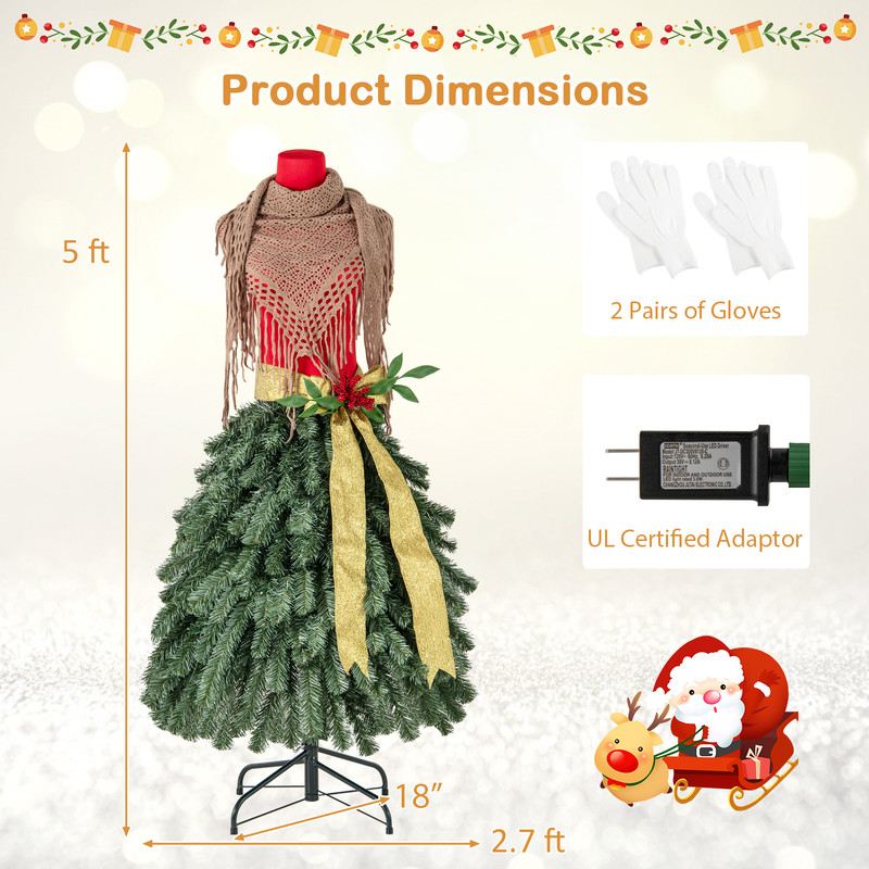 5 FT Pre-lit Mannequin Artificial Christmas Tree Dress Form with Lights, Lifelike PVC Xmas Tree with LED Lights, Ribbon