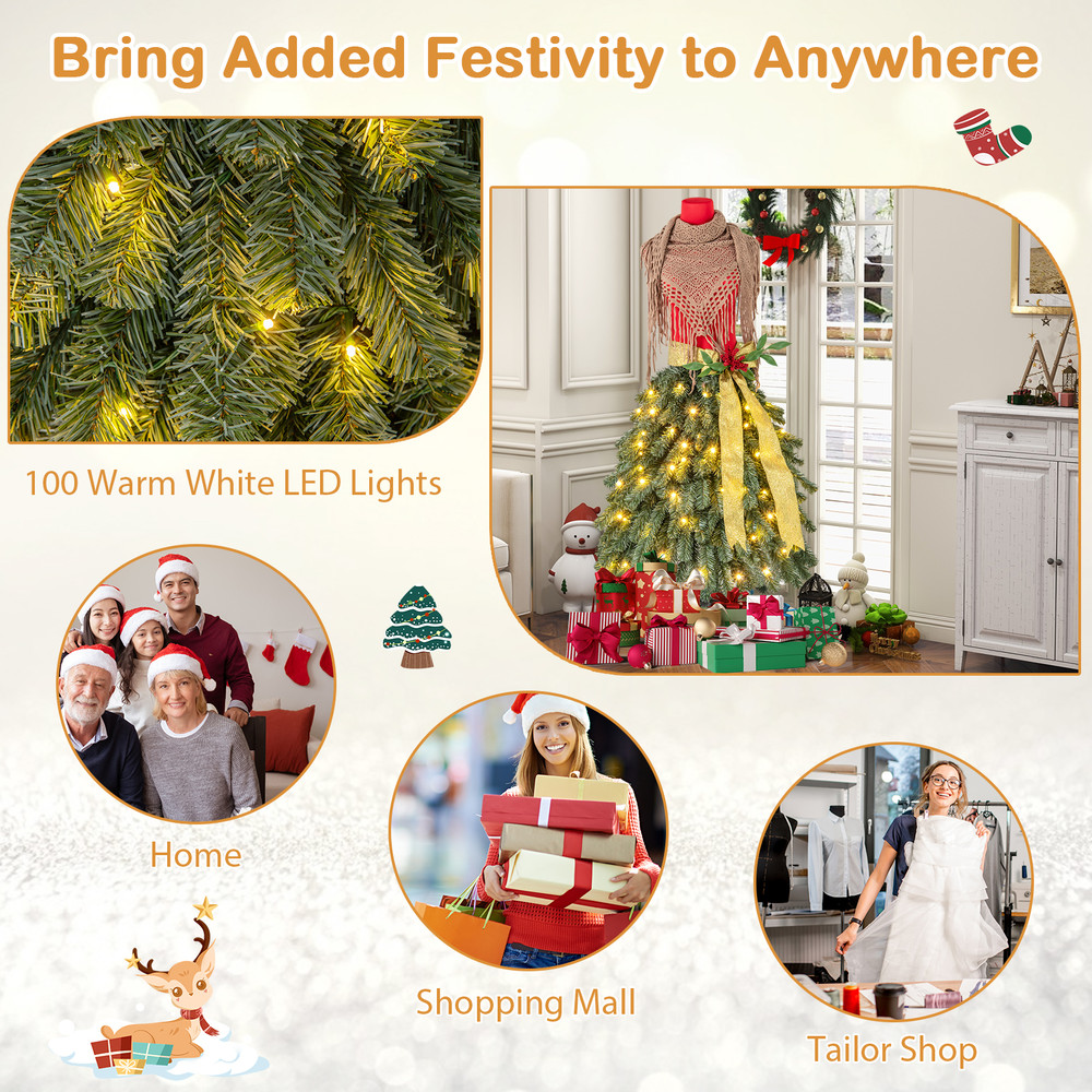 5 FT Pre-lit Mannequin Artificial Christmas Tree Dress Form with Lights, Lifelike PVC Xmas Tree with LED Lights, Ribbon