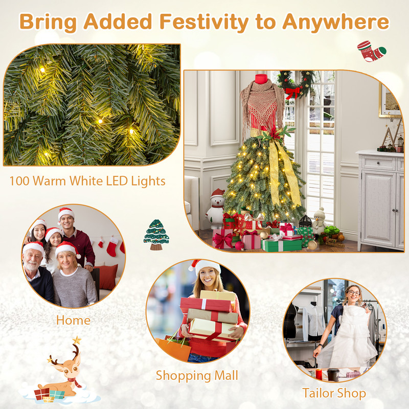 5 FT Pre-lit Mannequin Artificial Christmas Tree Dress Form with Lights, Lifelike PVC Xmas Tree with LED Lights, Ribbon