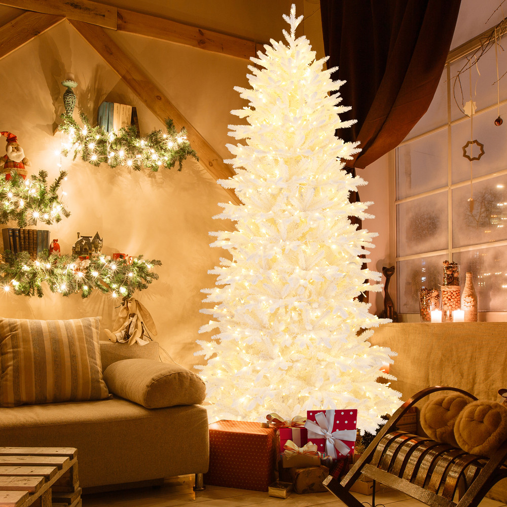 7 FT Artificial Xmas Tree with 1880 PE PVC Branch Tips, Prelit 900 LED White Lights, Rolling Base, Full Christmas Tree