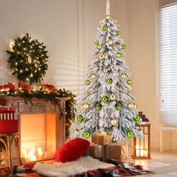 6ft snow flocked artificial xmas tree with 589 branch tips and 48 ornaments, holiday christmas tree decor for home