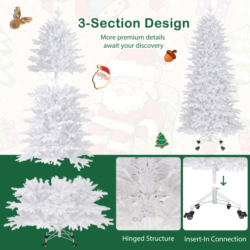 7 FT Artificial Xmas Tree with 1880 PE PVC Branch Tips, Prelit 900 LED White Lights, Rolling Base, Full Christmas Tree