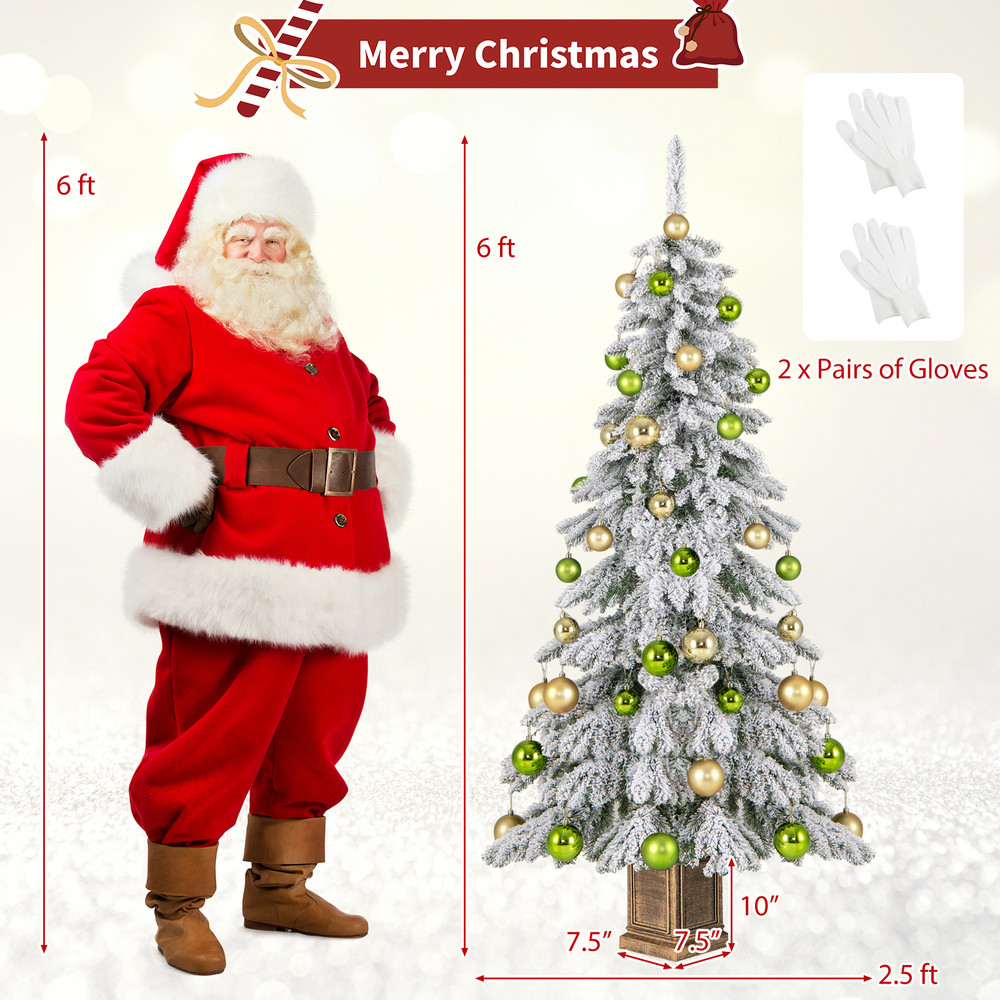 6FT Snow Flocked Artificial Xmas Tree with 589 Branch Tips and 48 Ornaments, Holiday Christmas Tree Decor for Home