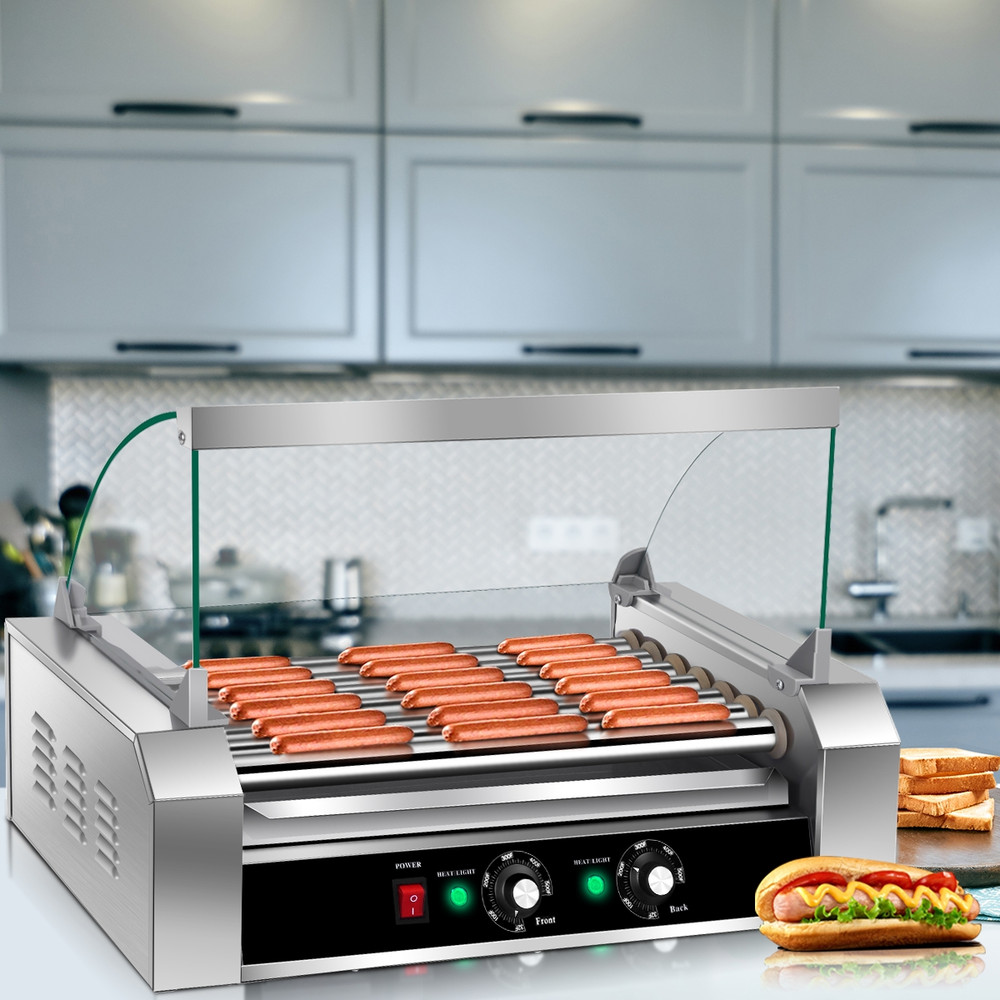 18 Hot Dog 7 Roller Grill Commercial Cooker Machine, Stainless Steel Hotdog Maker w/ Glass Cover for Food Truck, Dinner
