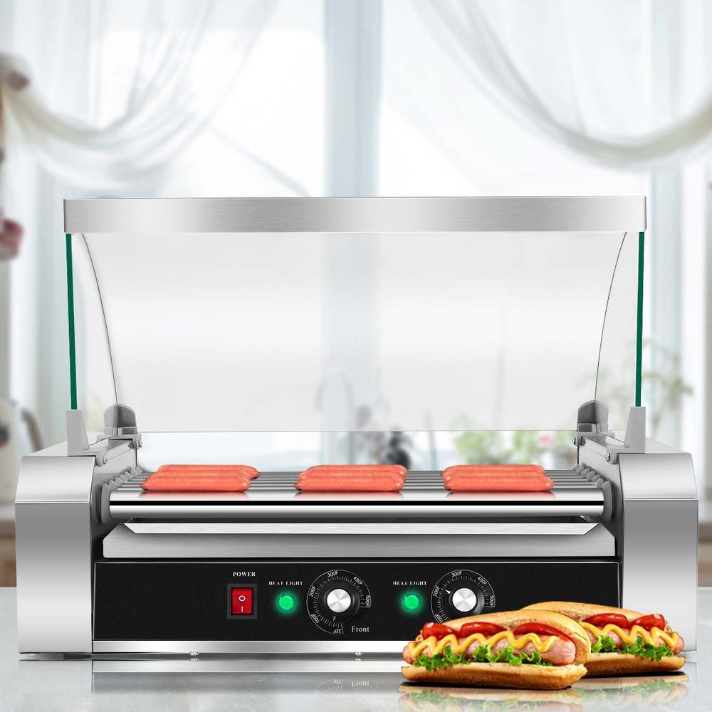 18 Hot Dog 7 Roller Grill Commercial Cooker Machine, Stainless Steel Hotdog Maker w/ Glass Cover for Food Truck, Dinner