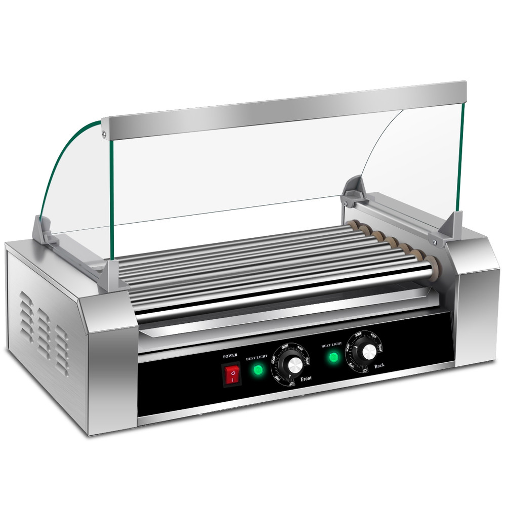 18 Hot Dog 7 Roller Grill Commercial Cooker Machine, Stainless Steel Hotdog Maker w/ Glass Cover for Food Truck, Dinner