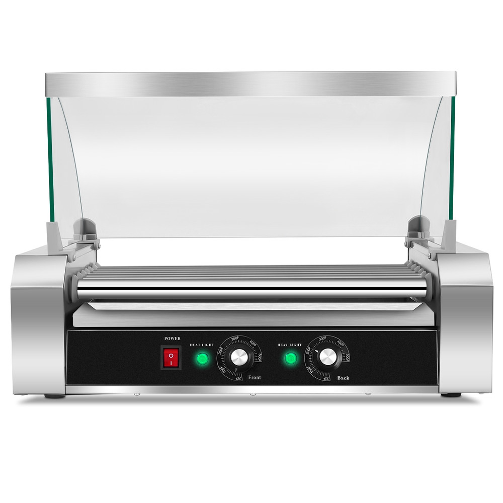 18 Hot Dog 7 Roller Grill Commercial Cooker Machine, Stainless Steel Hotdog Maker w/ Glass Cover for Food Truck, Dinner