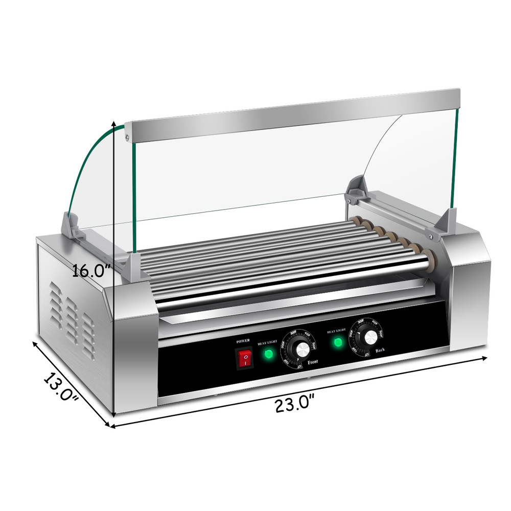 18 Hot Dog 7 Roller Grill Commercial Cooker Machine, Stainless Steel Hotdog Maker w/ Glass Cover for Food Truck, Dinner