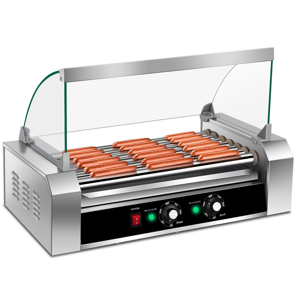 18 Hot Dog 7 Roller Grill Commercial Cooker Machine, Stainless Steel Hotdog Maker w/ Glass Cover for Food Truck, Dinner