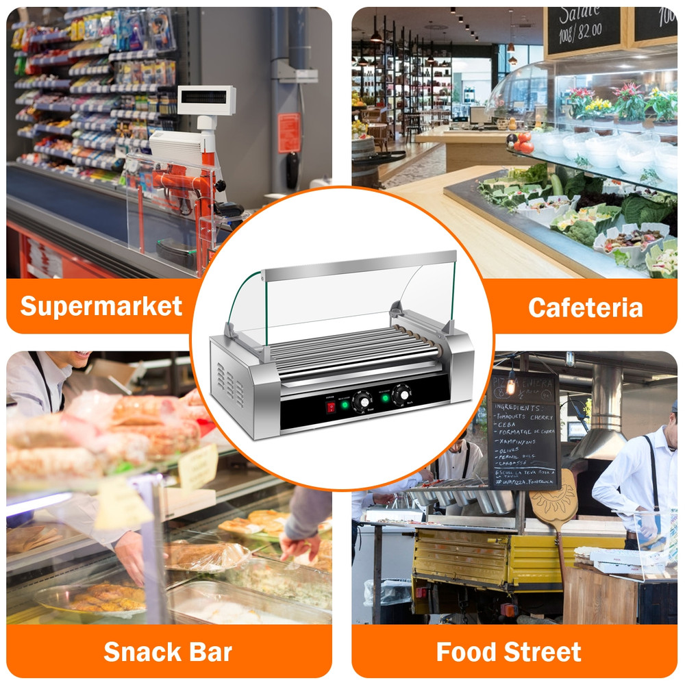 18 Hot Dog 7 Roller Grill Commercial Cooker Machine, Stainless Steel Hotdog Maker w/ Glass Cover for Food Truck, Dinner