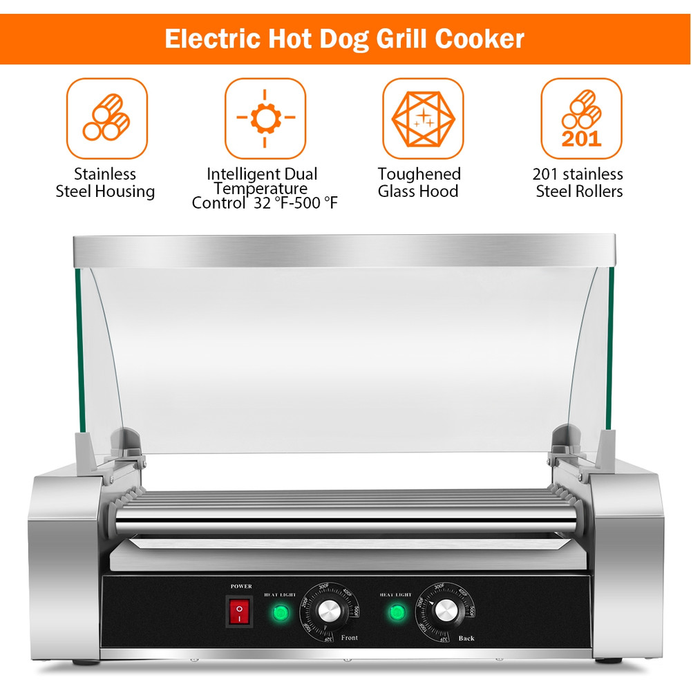 18 Hot Dog 7 Roller Grill Commercial Cooker Machine, Stainless Steel Hotdog Maker w/ Glass Cover for Food Truck, Dinner
