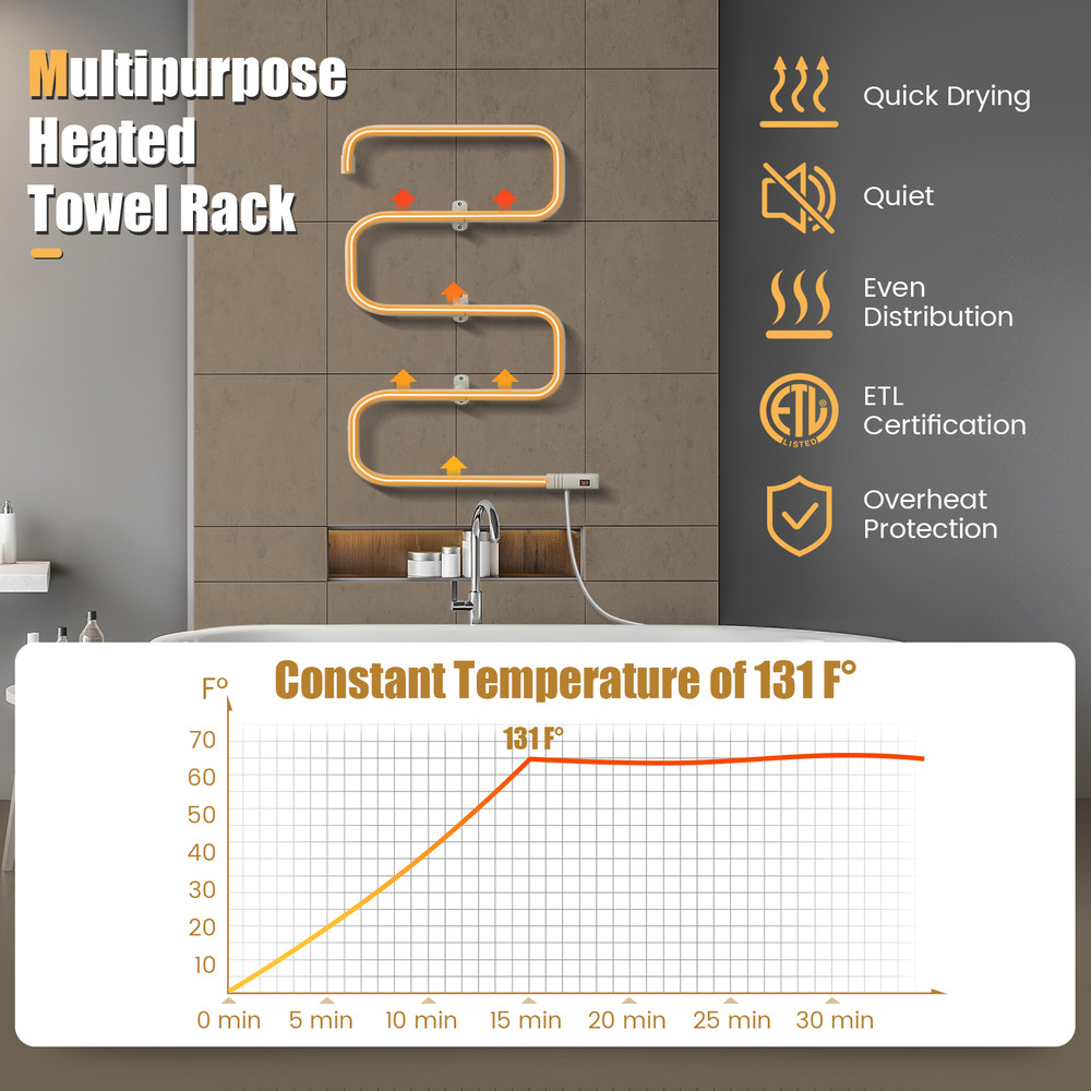 100W Electric Towel Warmer Drying Rack Fast Heating & Wall Mountable