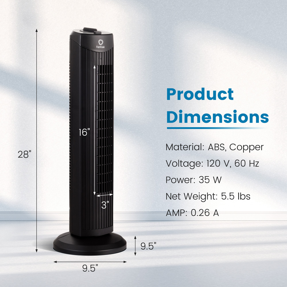 35W Quiet Bladeless Oscillating Fan, 28 Inch Tower Fan with Energy-Efficient Cooling