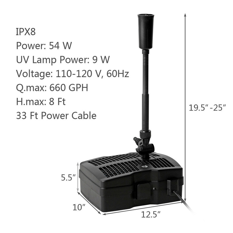 All-in-One 660 GPH Pond Filter Pump with UV Sterilizer, Fountain Jet Kit & Adjustable Flow for Garden Fish Ponds & Water