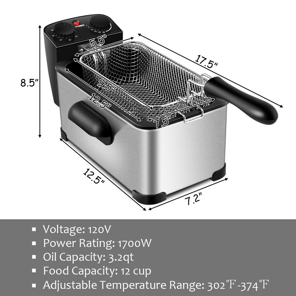 3.2 Quart Electric Stainless Steel Deep Fryer with Timer, Adjustable Temp, Cool Touch Handles, Easy to Clean Fry Basket