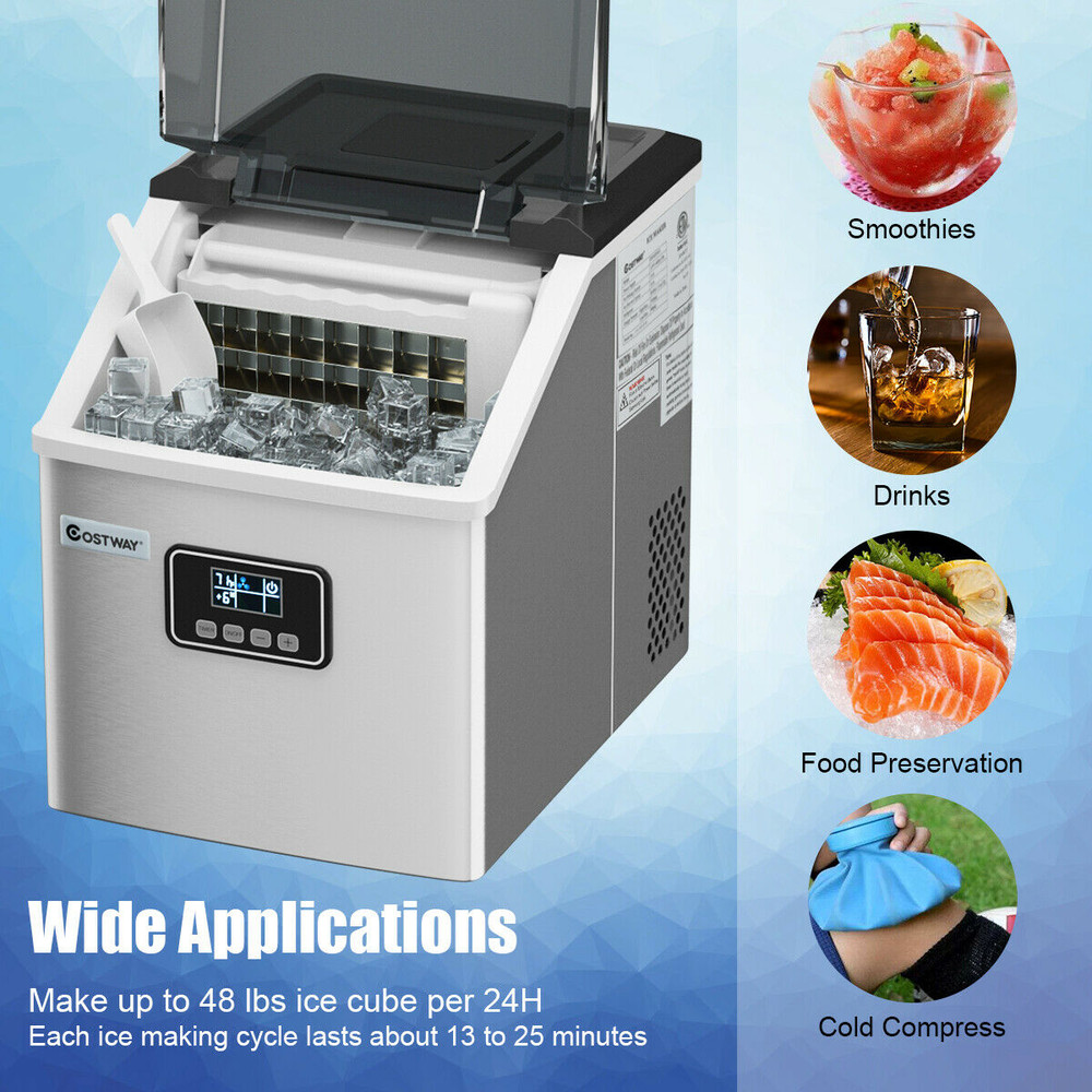 48 lbs Stainless Self-Clean Ice Maker with LCD Display, Portable Countertop Clear Ice Cube Machine for Home Kitchen