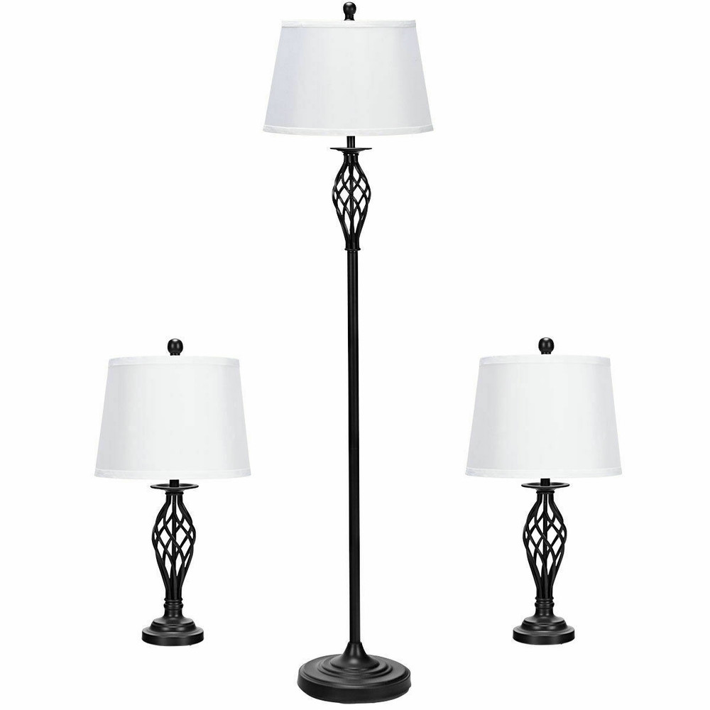 2 Table Lamps 1 Floor Lamp Set with Fabric Shades, Modern Bronze Metal Lamp Set for Living Room, Bedroom, Home Office