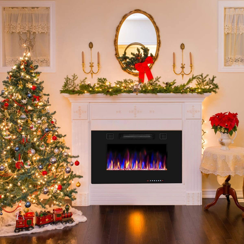 30-Inch Recessed Ultra Thin Electric Fireplace Heater with Glass Appearance, Wall Mounted or Insert, 12 Flame Colors