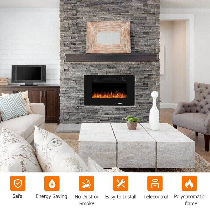 30-Inch Recessed Ultra Thin Electric Fireplace Heater with Glass Appearance, Wall Mounted or Insert, 12 Flame Colors