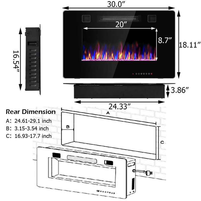 30-Inch Recessed Ultra Thin Electric Fireplace Heater with Glass Appearance, Wall Mounted or Insert, 12 Flame Colors