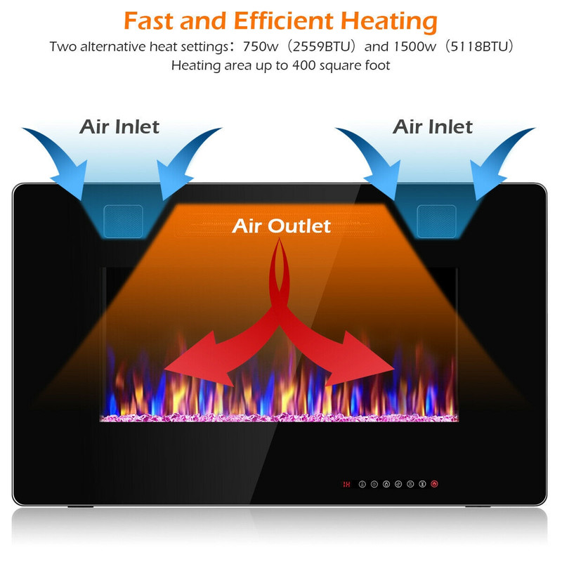 30-Inch Recessed Ultra Thin Electric Fireplace Heater with Glass Appearance, Wall Mounted or Insert, 12 Flame Colors